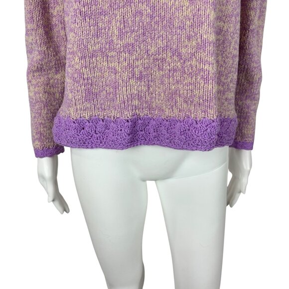 Vintage 60s Crochet Sweater Womens Medium Purple Cream Handmade Pullover - Picture 4 of 9